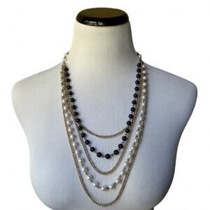 Vintage gold/navy/white beaded and chain multi-strand fashion jewelry necklace.